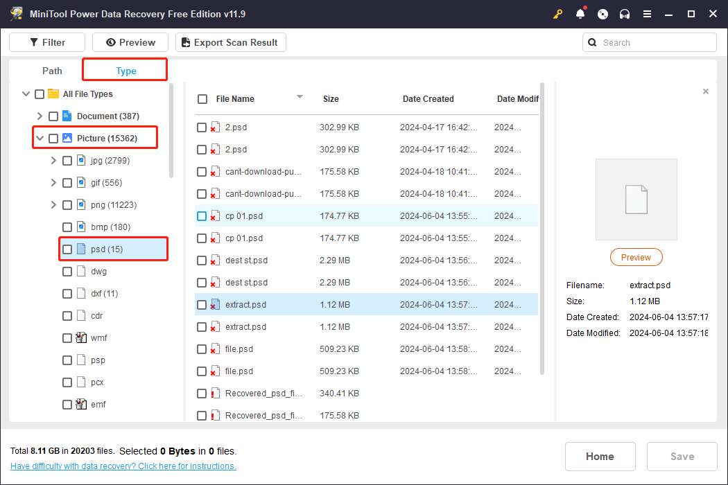 PSD file list
