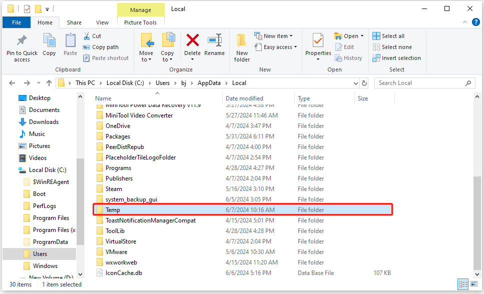 open the Temp folder