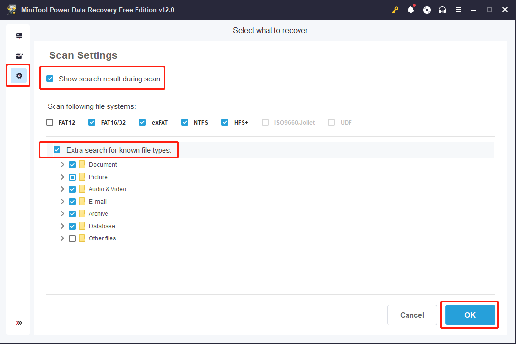 the Scan Settings window