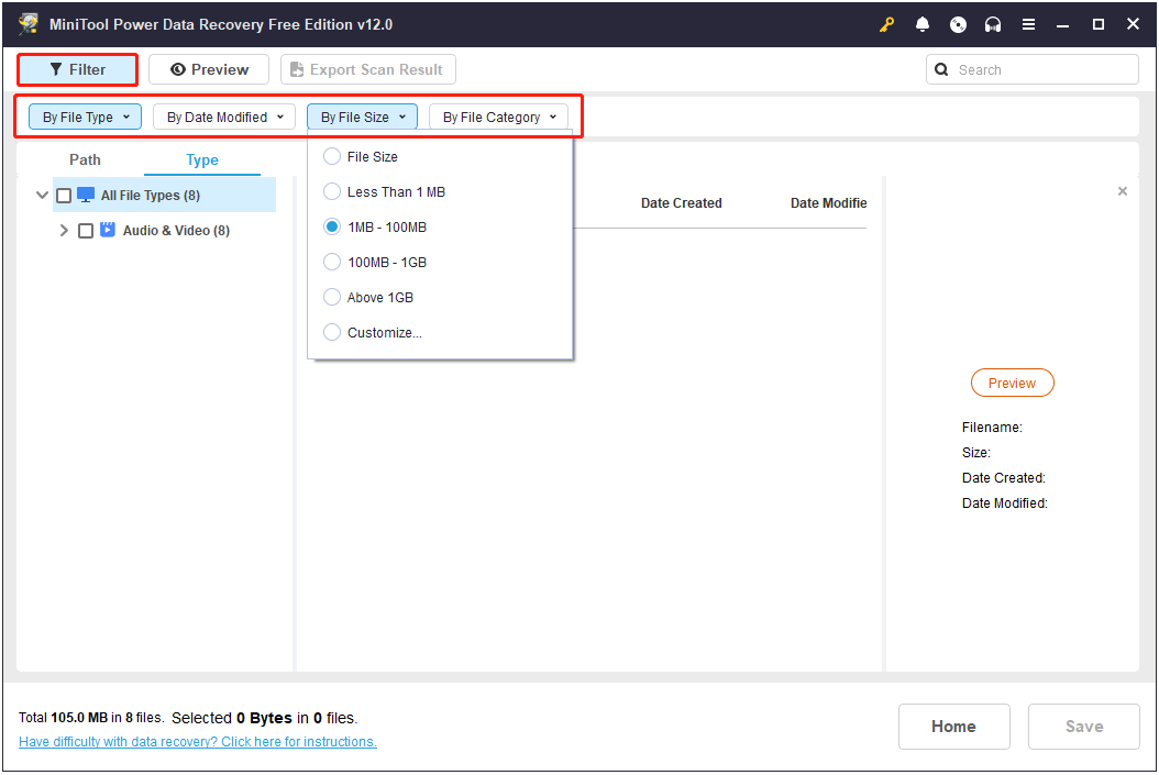 filter files by file type and file size