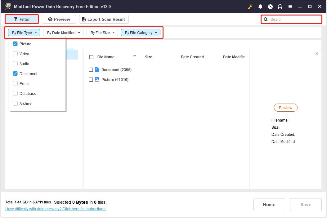 filter and search files