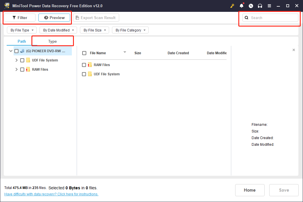 the Path, Filter, Preview, and Search features