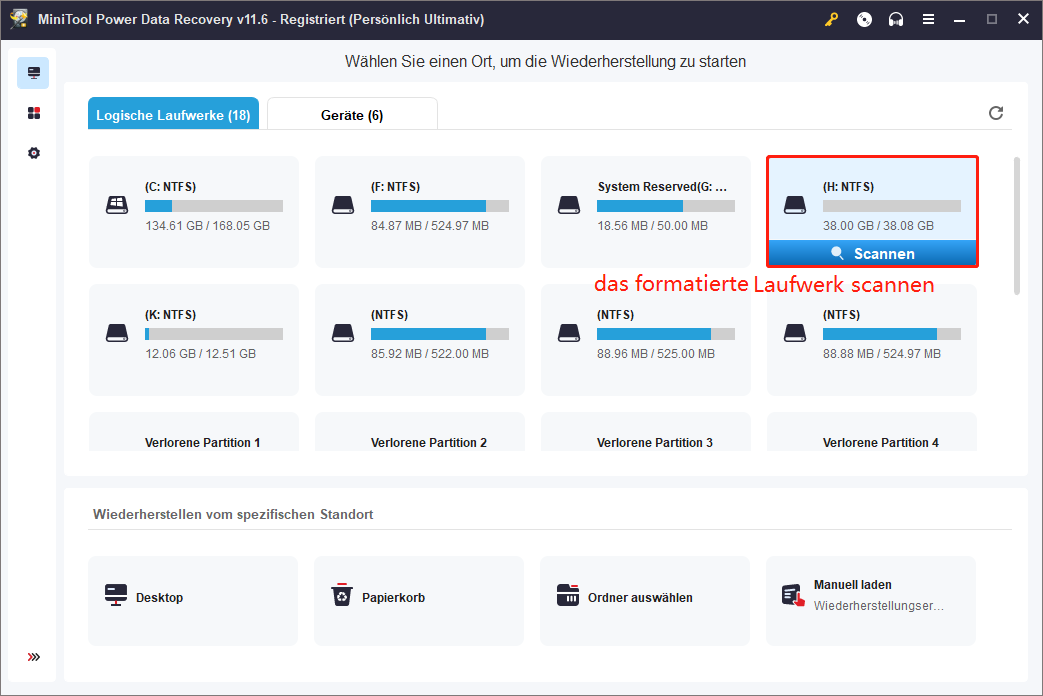 Das formatierte Laufwerk auswählen