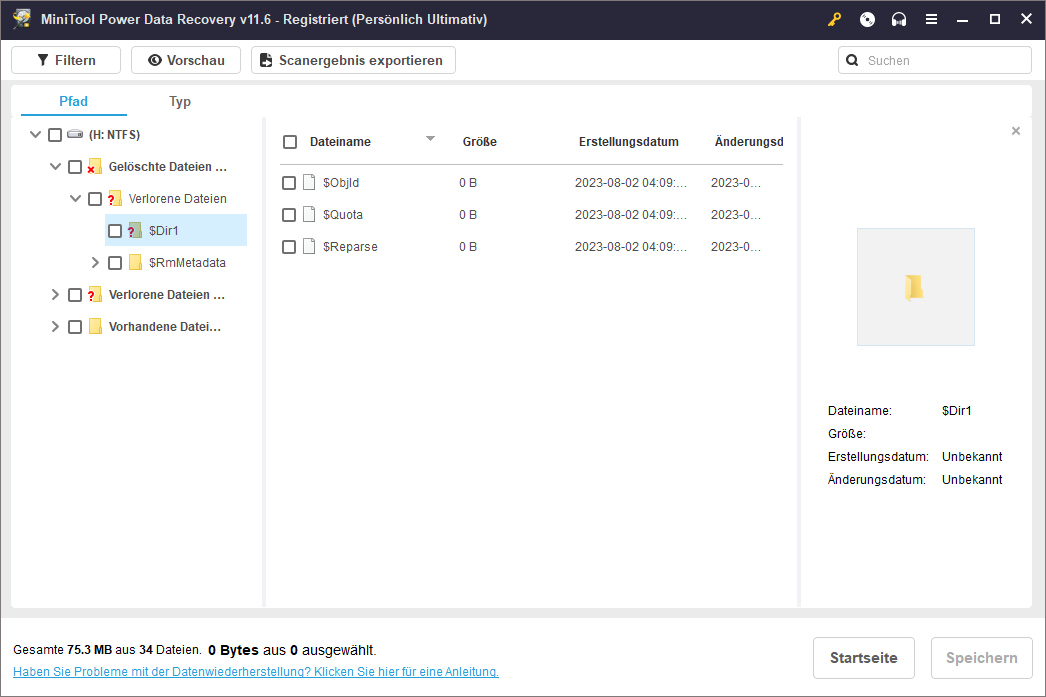 Dateien in den Ordnern von $Dir