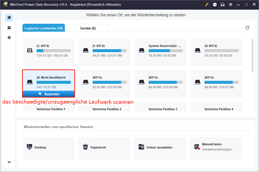 Das beschädigte Laufwerk auswählen