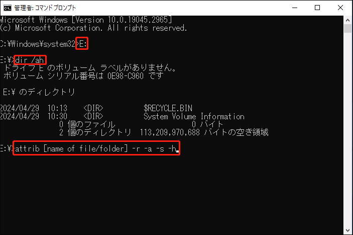 コマンドラインでファイルを非表示解除する