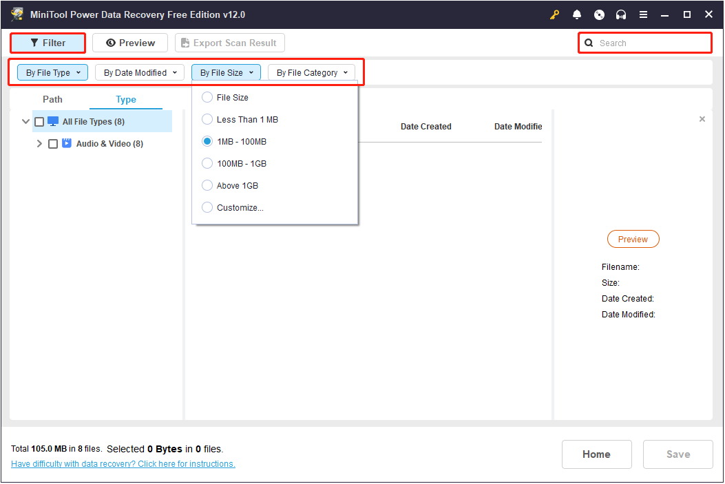 use the Filter and Search features of MiniTool Power Data Recovery to filter out unwanted files and search for a certain item