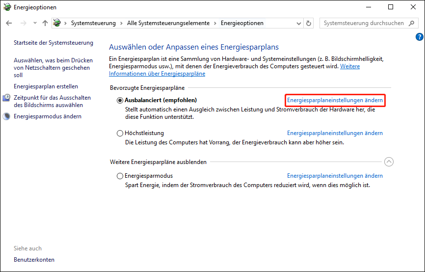 Wählen Sie die Option Energiesparplaneinstellungen ändern