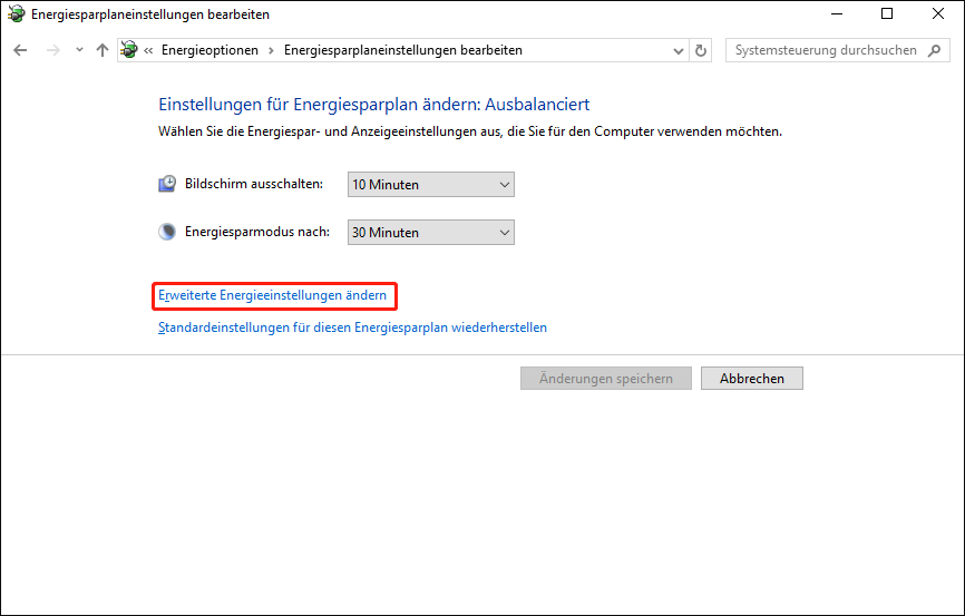 Klicken Sie auf die Option Erweiterte Energieeinstellungen ändern