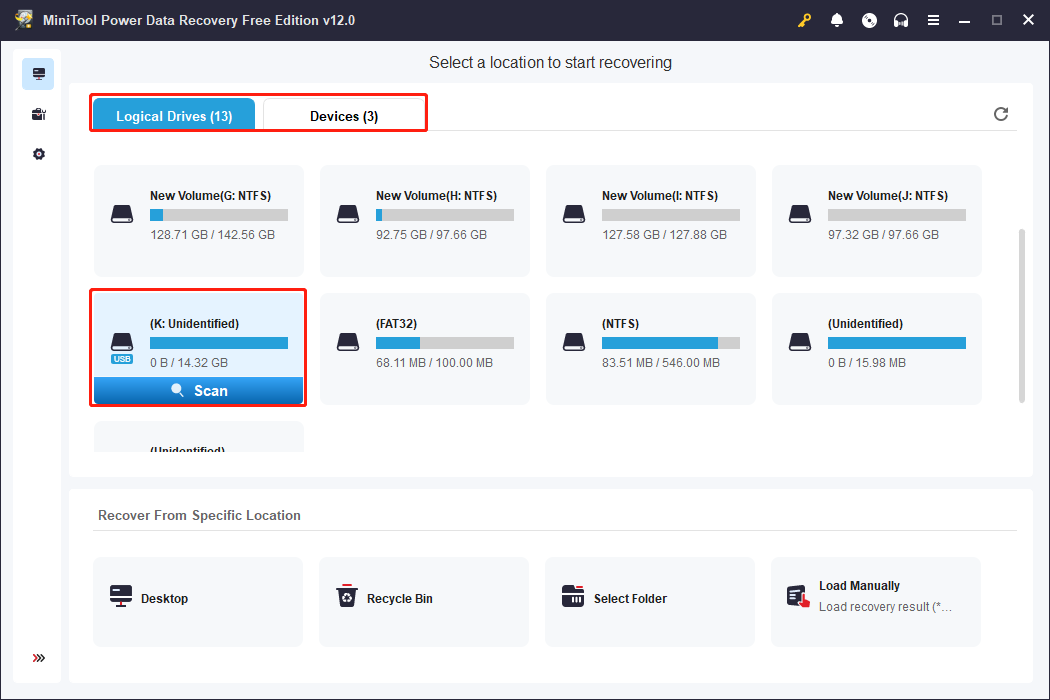 scan the target partition on MiniTool Power Data Recovery