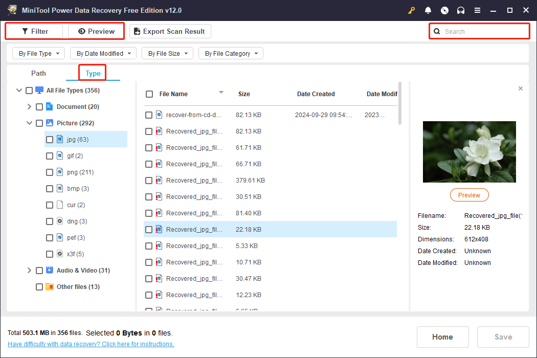 locate target files using multiple features in MiniTool Power Data Recovery