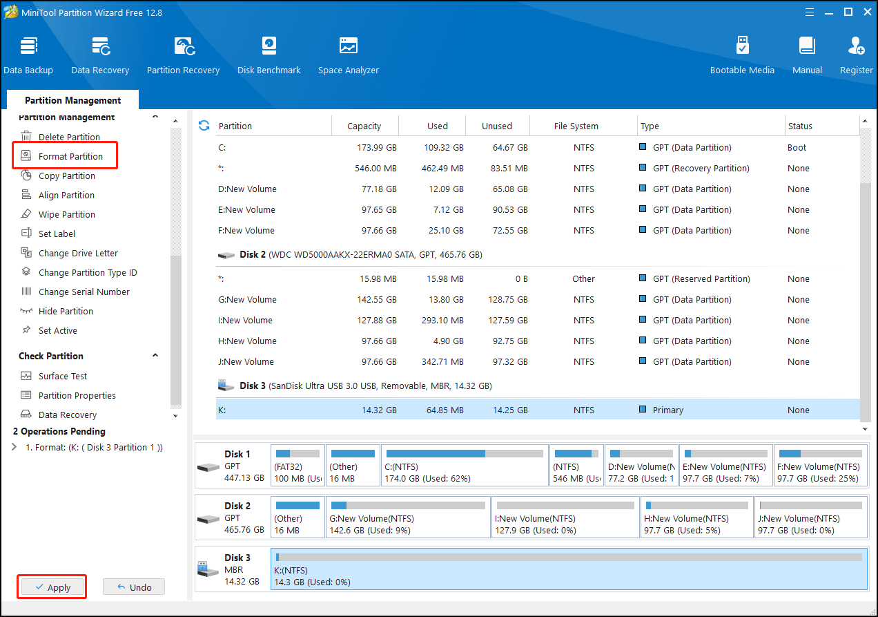 format the partition using MiniTool Partition Wizard