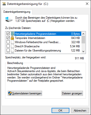 Datenträgerbereinigung für Laufwerk C