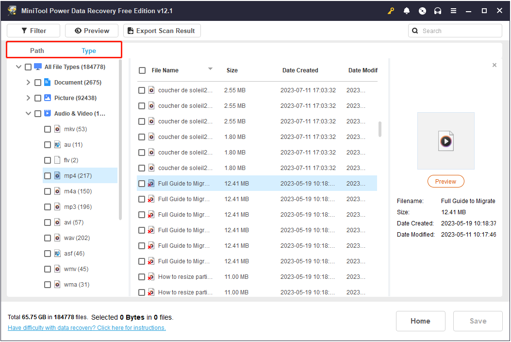 all found files are listed under Path and Type in MiniTool Power Data Recovery