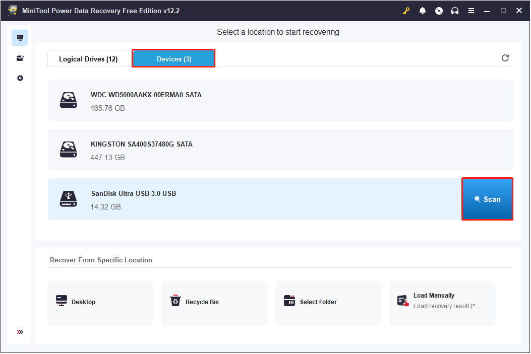 select the USB drive under Devices to scan in MiniTool Power Data Recovery
