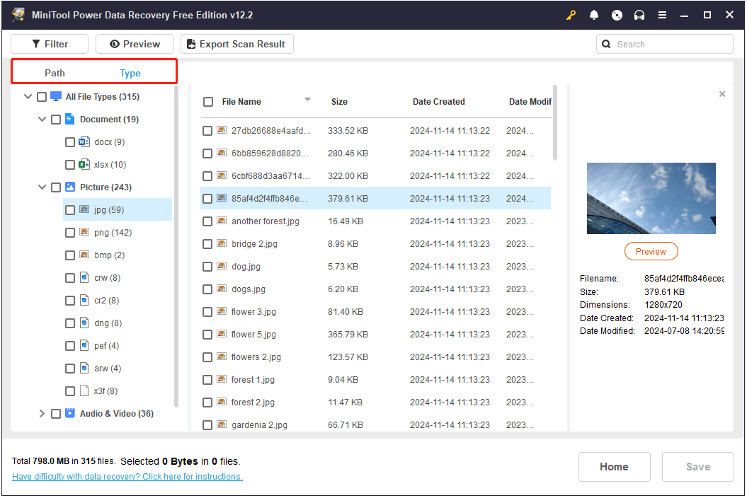 files are displayed under Path and Type in MiniTool Power Data Recovery