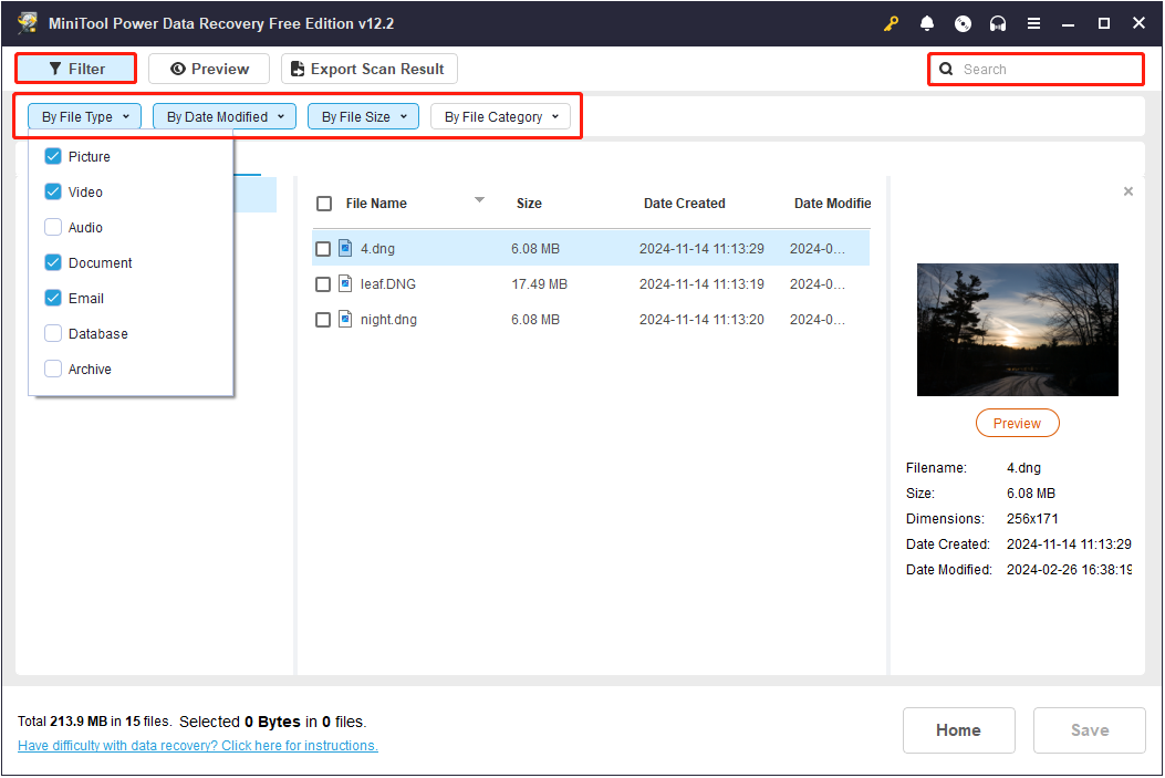 the Filter and Search features in MiniTool Power Data Recovery