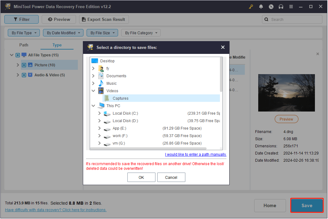 save the ticked files in MiniTool Power Data Recovery