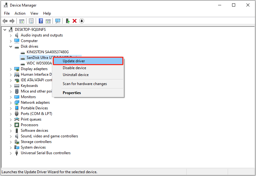 update the disk driver in Device Manager