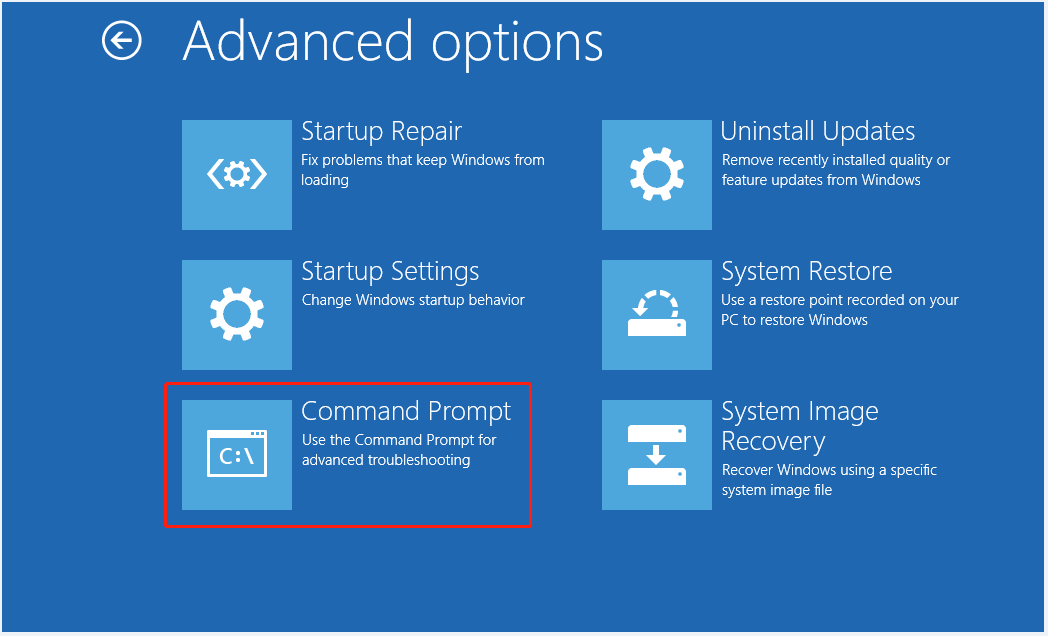 open the Command Prompt in the Windows recovery screen