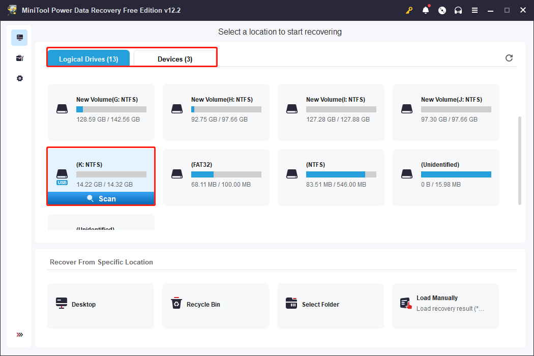 scan the USB partition under Logical Drives in MiniTool Power Data Recovery