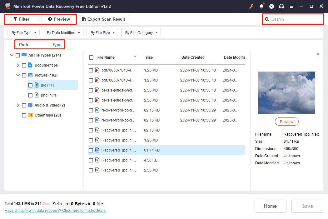 locate and verify files with Filter, Type, Search, and Preview features