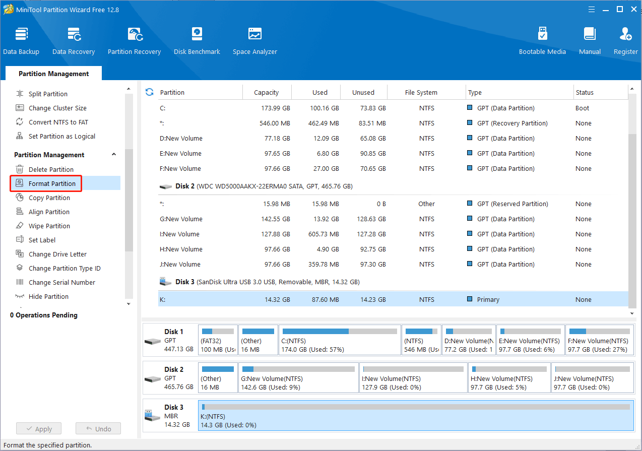 format the USB partition using MiniTool Partition Wizard
