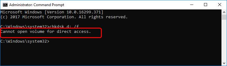 the cannot open volume for direct access error message in Command Prompt
