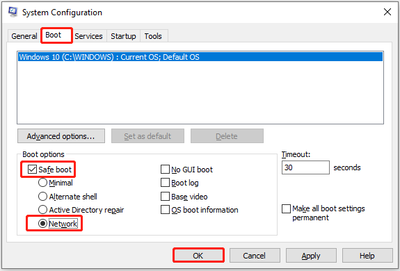 start Windows in safe mode with networking in the System Configuration window