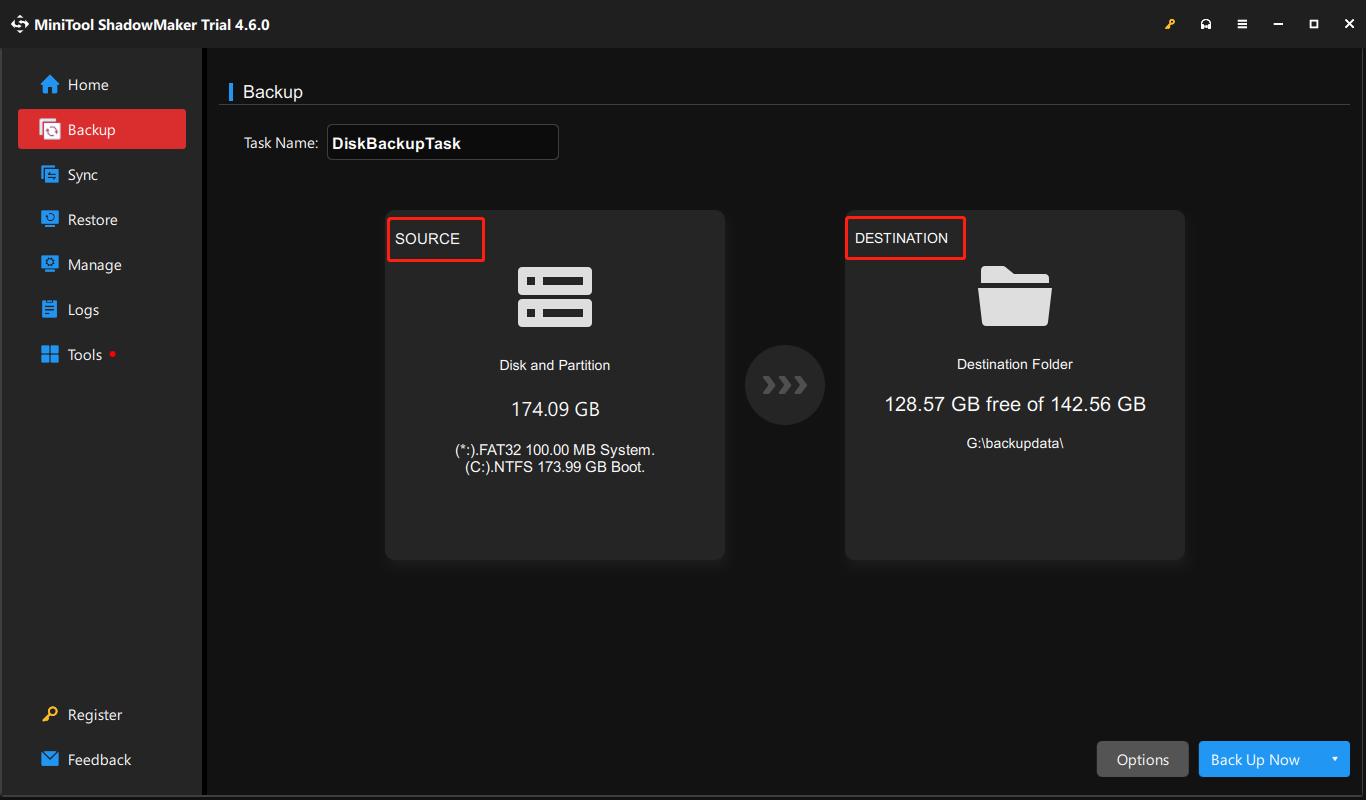 choose the backup source and destination in MiniTool ShadowMaker
