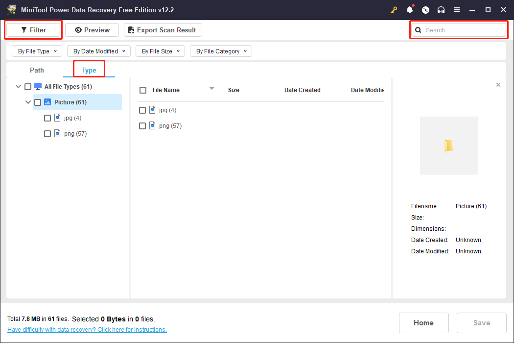 locate files with the Filter, Type, and Search features
