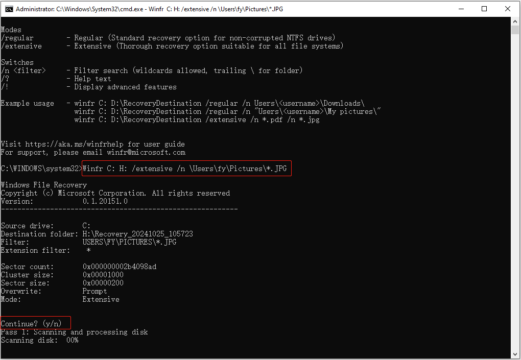 Windows File Recoveryを使ってextensiveモードでHドライブにPicturesフォルダーからJPG写真を復元