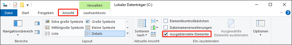 Aktivieren Sie die Option Ausgeblendete Elemente