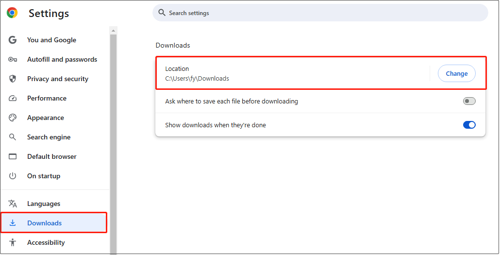 view and change the location of the downloaded files in Chrome Settings