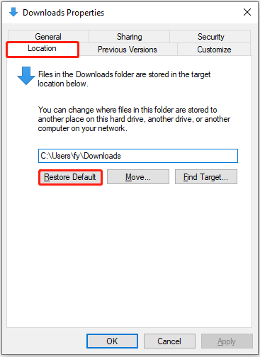 restore the location of the Downloads folder to default from folder properties