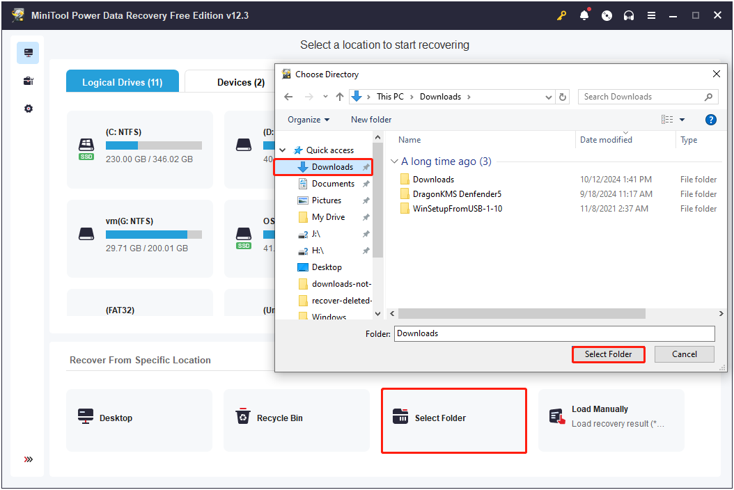 select the Downloads folder to scan for files in MiniTool Power Data Recovery