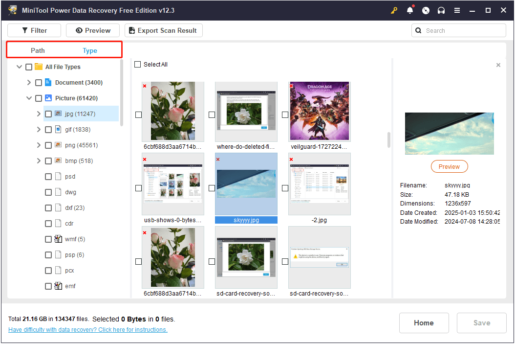 image files and other types of data are displayed under Path and Type in MiniTool Power Data Recovery