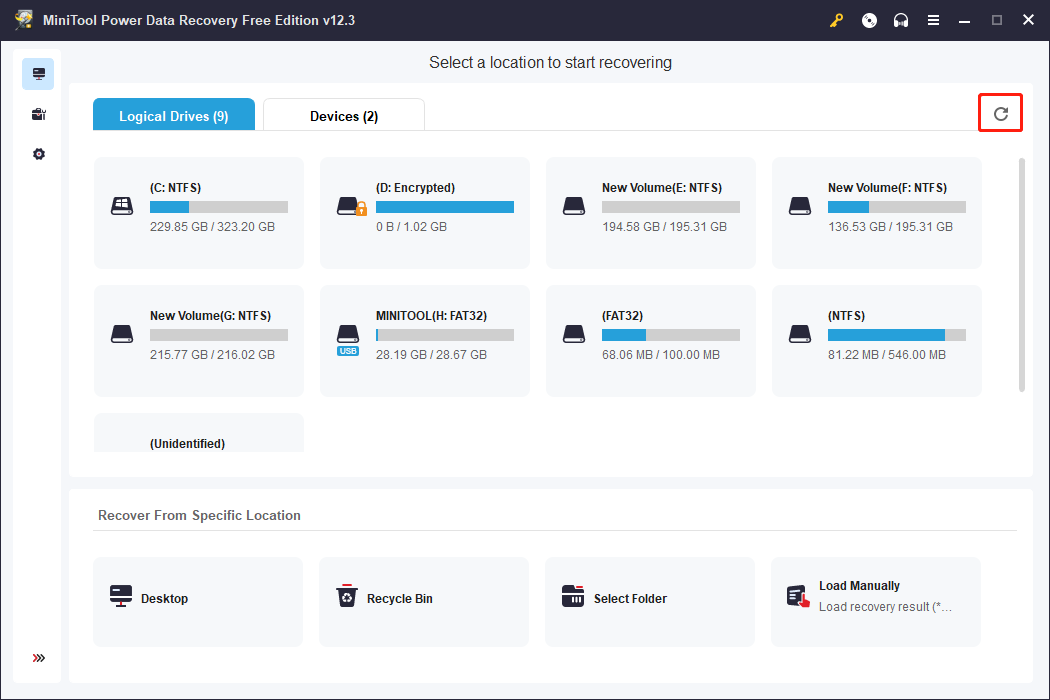 click Refresh to show your SD card in MiniTool Power Data Recovery