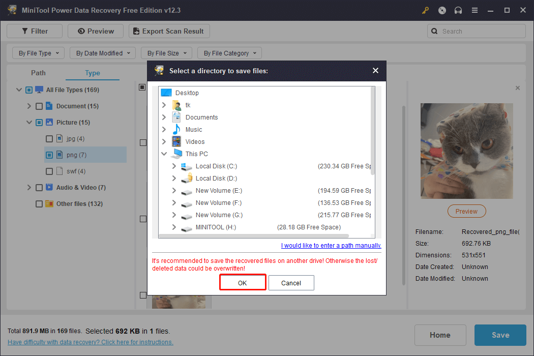 click OK to save the recovered files via MiniTool Power Data Recovery