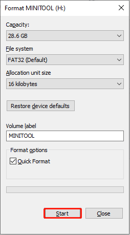 click the Start button to format the SD card