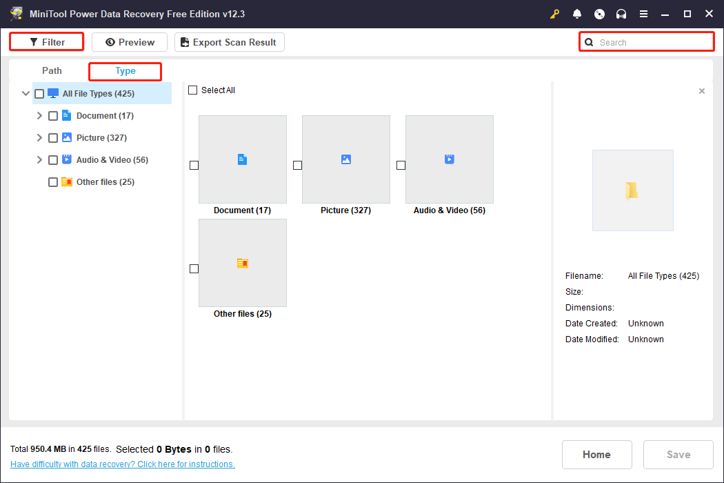 use various features to find the required files in the MiniTool Power Data Recovery