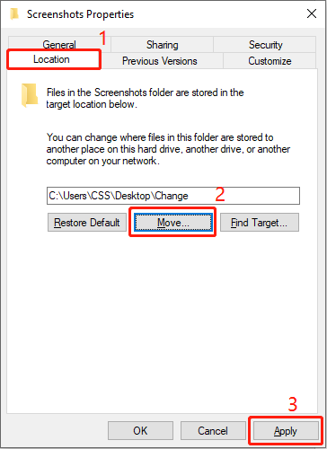 change the default location of screenshots on Windows