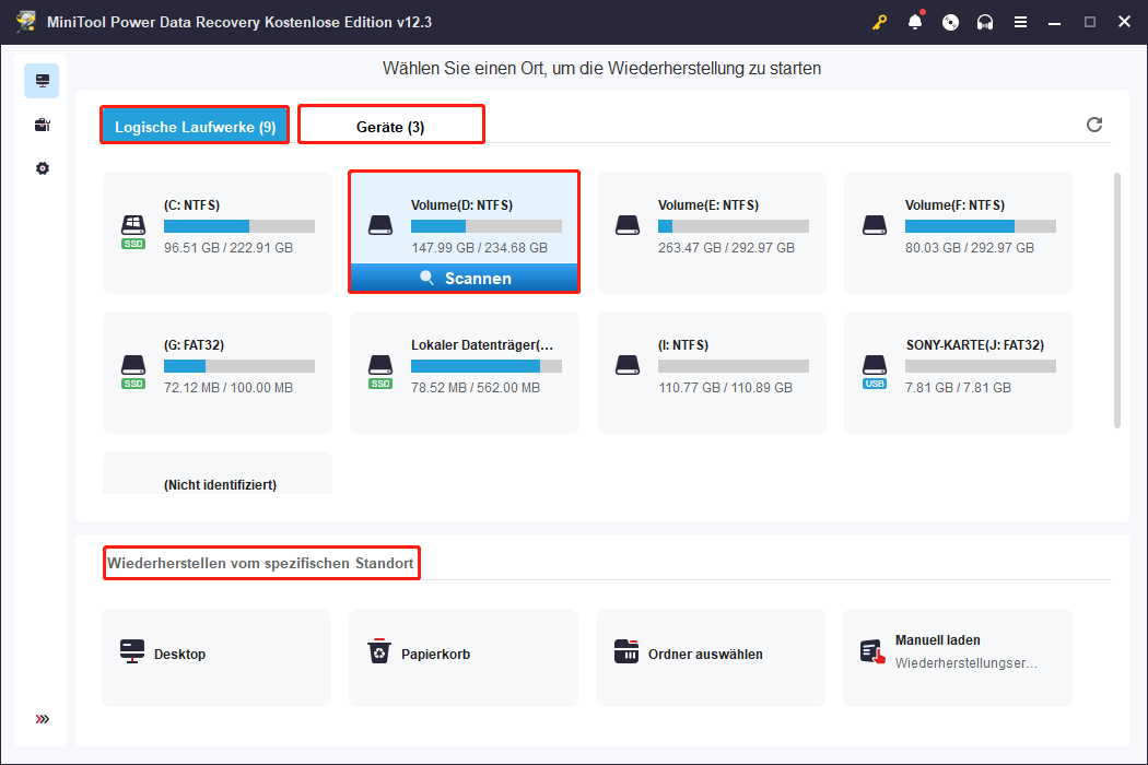 MiniTool Power Data Recovery hat drei schnelle Scan- und Wiederherstellungsoptionen