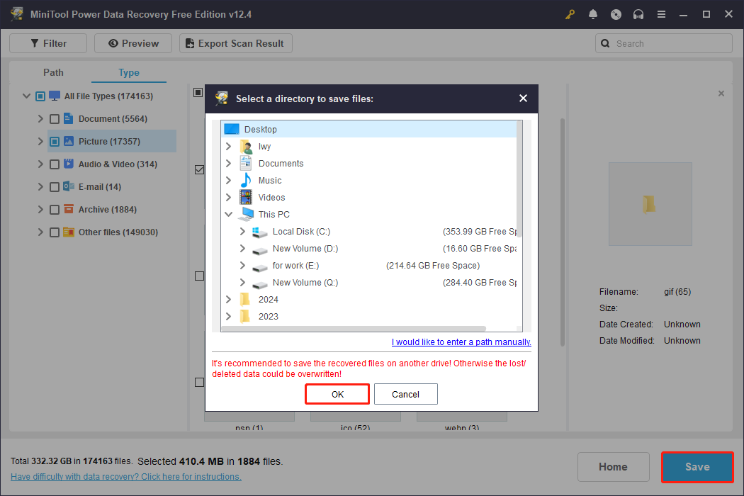 save the file to a new location using MiniTool Power Data Recovery
