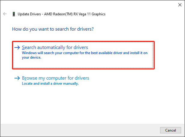 choose Search automatically for drivers to update the graphics driver