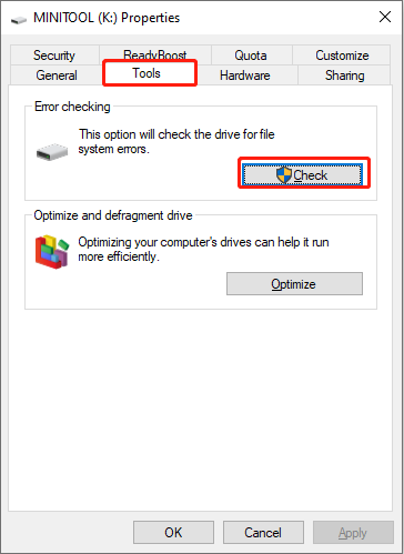 utilize the error checking tool to detect disk errors