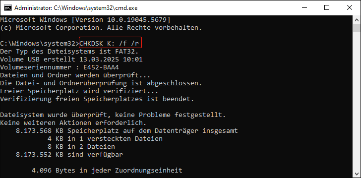 Führen Sie die CHKDSK-Befehlszeile zur Überprüfung von Dateisystemproblemen aus
