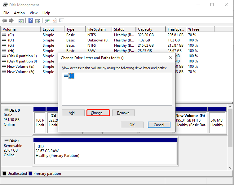 click the Change button to select an appropriate drive letter