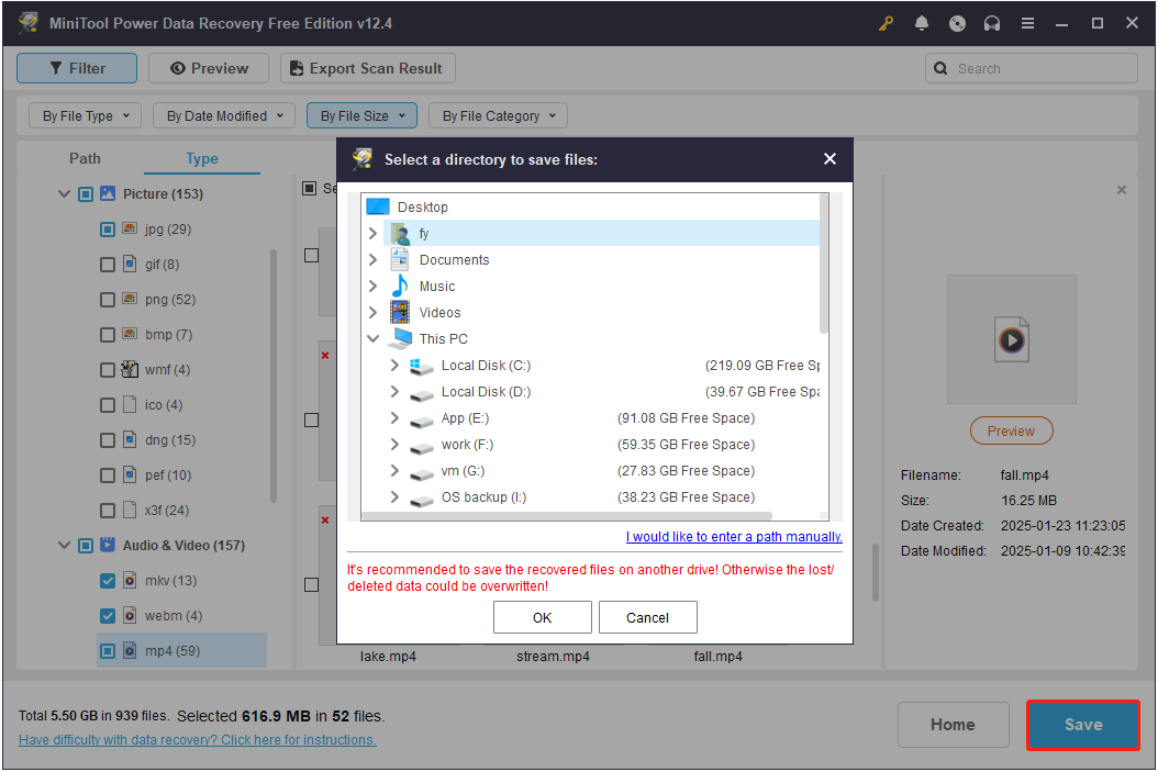 save the ticked files in MiniTool Power Data Recovery