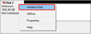 initialize the unknown disk in Disk Management